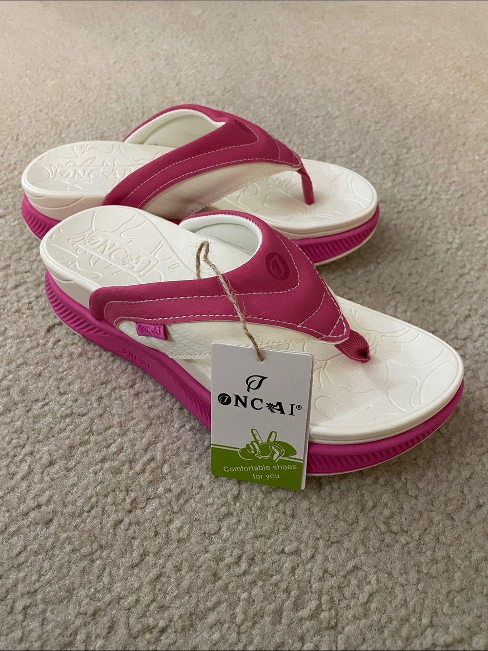 ONCAI Pink White Comfort Arch Support Flip Flop Sandals, Size 7.5 NWT